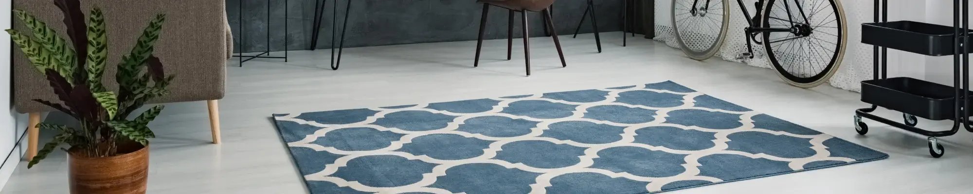 Blue patterned area rug in a modern office with grey flooring